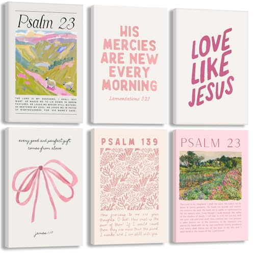 Pink Christian Canvas Wall Art set of 6 Bible Verse Bow Pictures Wall Decor Trendy Preppy Posters Prints Scripture Religious Jesus Painting Artwork for Girls Room Christian Housewarming Gift