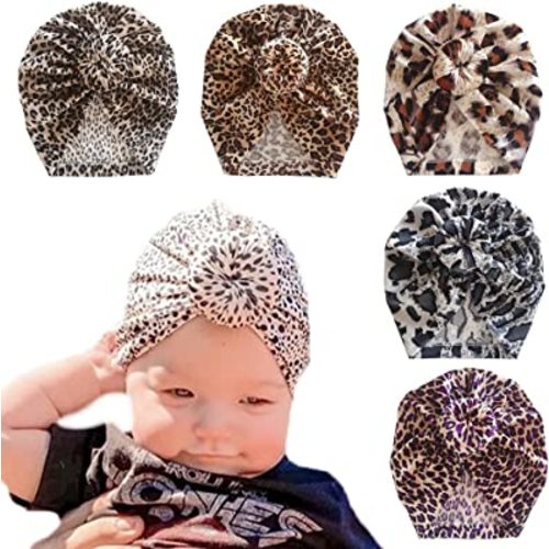 Nishine Newborn Bow Knotted Turban Hats for Baby Girls Cute Soft Leopard Hospital Hat Infant Nursery Indian Beanie Headwrap