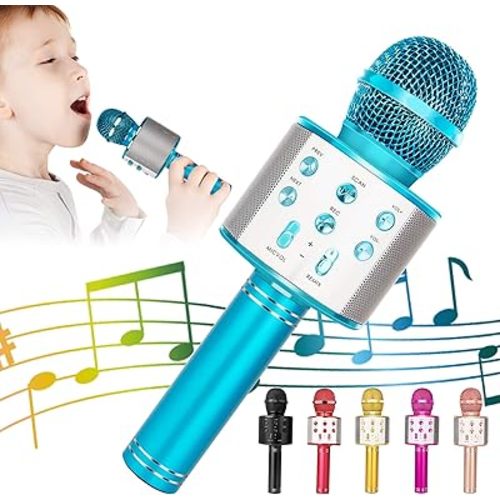 KIDWILL Wireless Bluetooth Karaoke Microphone for Kids, 5-in-1 Portable Handheld Karaoke Mic Speaker Player Recorder with Adjustable Remix FM Radio for Kids Girls Boys Teens Birthday (858-Blue)