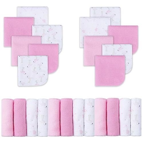 Viviland Baby Washcloths, 24 Pack Super Soft Baby Bath Towels for Newborn, Absorbent Face & Body Wash Cloth for Baby Girl, Flamingos Pattern, 9 x 9 inch