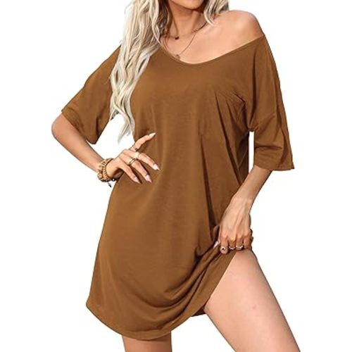 Mawor Nightgowns for Women V Neck Short Sleeve Soft Cotton Blend Oversized Sleep Shirts Tshirts