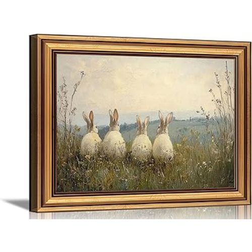 Vintage Gold Framed 3D Textured Wall Art Easter Four Rabbits In Meadow Oil Painting Wall Decor Picture Spring Cottagecore Nature Bunny Landscape Poster Print for Gallery Home Decoration 9x11in