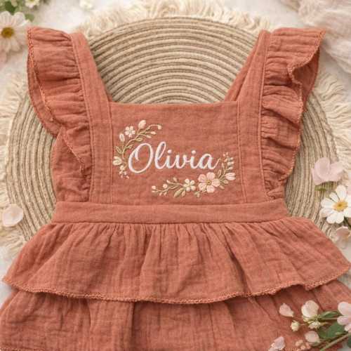 Embroidered Wildflower Name Baby Girl Muslin Ruffle Romper, Flowergirl Dress, Toddler Summer Outfit, First Birthday Gift