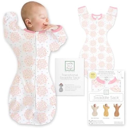 SwaddleDesigns Transitional Swaddle Sack, Arms Up Half-Length Sleeves & Mitten Cuffs, Swaddle for Newborn Transition to Baby Sleep Sack Wearable Blanket, 0-3 month, 6-14 lb, Heavenly Floral Pink