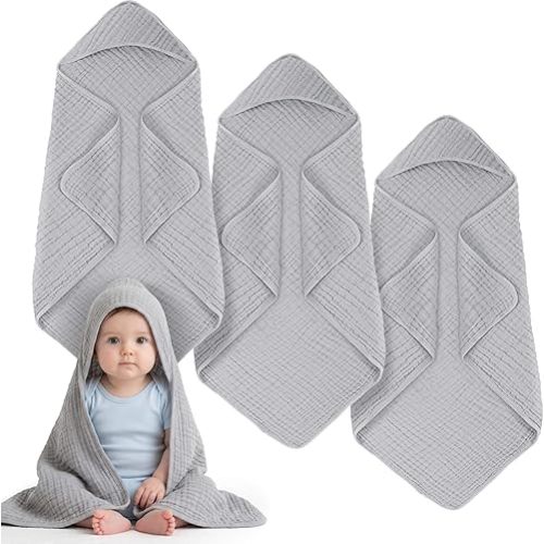 Breling 3 Pcs Muslin Hooded Baby Towels, 32 x 32 Inch Cotton Newborn Bath Towel Muslin Infant Baby Absorbent Blankets Unisex Newborn Registry Gift Essentials for Boys Girls (Light Gray)