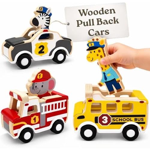 Little Acorn, Wooden Pull Back Cars with Mix & Match Characters | Montessori Toys for 1 & 2 Year Old | Car Toys for Toddlers 1-3 | Baby Toys 6-12 Months | Birthday Gifts for Boys Girls (City Friends)