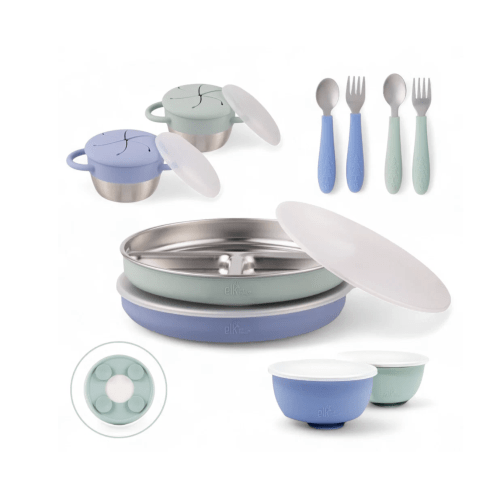 Stainless Steel Mealtime Bundle | Plates, Bowls, Snack Cups + Toddler Utensils | Suction Sleeves | Sage/MistyBlue