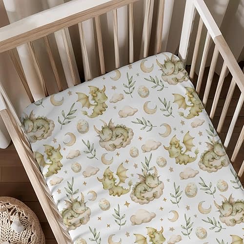 Dragon Clouds Moon Stars Eggs Pattern Baby Sheets for Crib, Unisex Cute Dragons Theme Nursery Fitted Bed Sheet for Boys Girls Standard Crib and Toddler Mattress-28x52