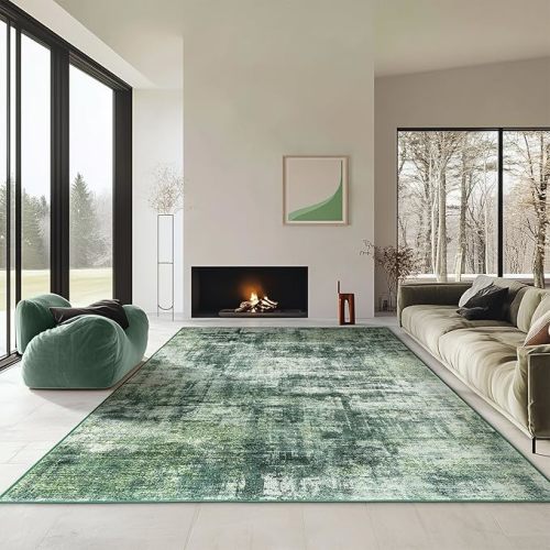 6x9 Modern Abstract Area Rugs Washable Living Room Rug Non-Slip Soft Carpet 0.25" Thin Indoor Floor Non-Shedding Rugs for Bedroom, Dining Room, Farmhouse, Nursery Home, Office, Green