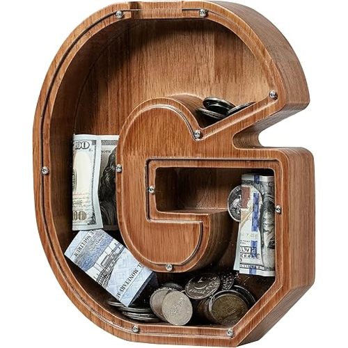 Piggy Bank for Kids Boys Girls, Wooden Large Letter Piggy Bank Alphabet Money Bank with Initial G, Coin Bank Fun Gifts for Birthday, Christmas, Festival, Baby Shower