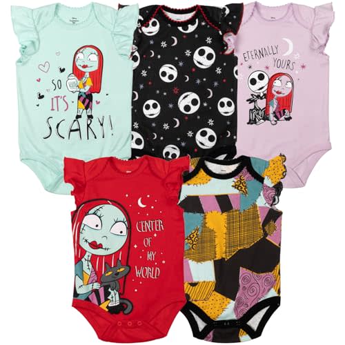 Disney Nightmare Before Christmas Sally Jack Skellington Baby Girls 5 Pack Bodysuits Newborn to Infant