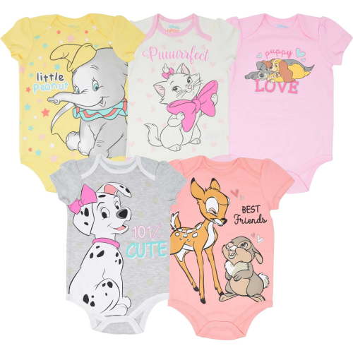 Disney The Aristocats Dumbo Bambi Lady and the Tramp Infant Baby Girls 5 Pack Bodysuits Newborn to Infant