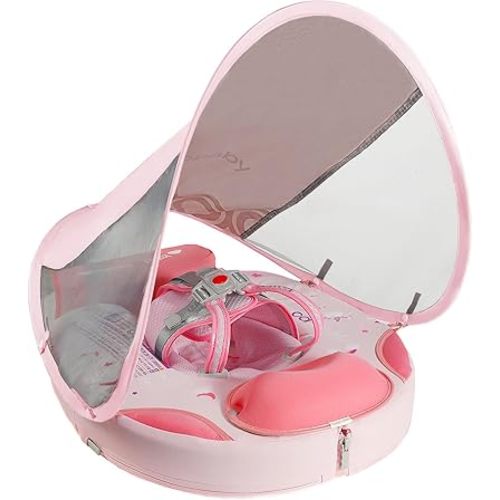 Mambobaby Non-Inflatable Baby Pool Float with Tail and Canopy UPF 50+ Sun Protection No Flip Over Infant Swim Float Skin-Friendly Mambo Float Swim Trainer Solid Baby Swimming Ring Foldable Style