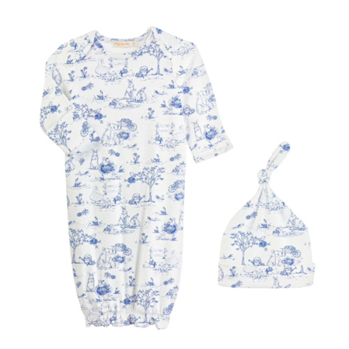 Printed Gown and Hat Set - Blue Bunny Toile