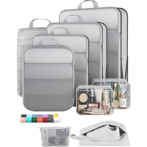 Veken 9/11 Set Compression Packing Cubes for Travel Essentials,Compressible Expandable Large Luggage Suitcase Organizer Bags for Clothing,Durable Space Saver Storage Bags with Toiletry Bags(White)