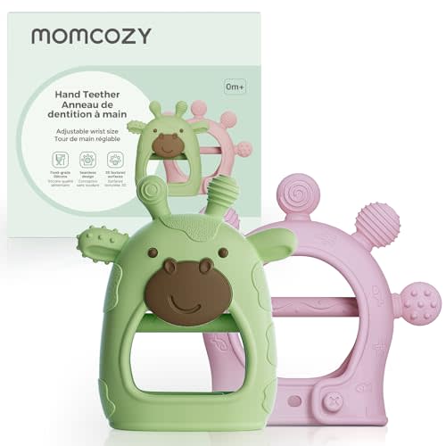 Momcozy Baby Teether Toys | Food Grade Silicone Teething Relief 0-6 Months | Toy 6-12 Months | Baby Essential | Green and Pink