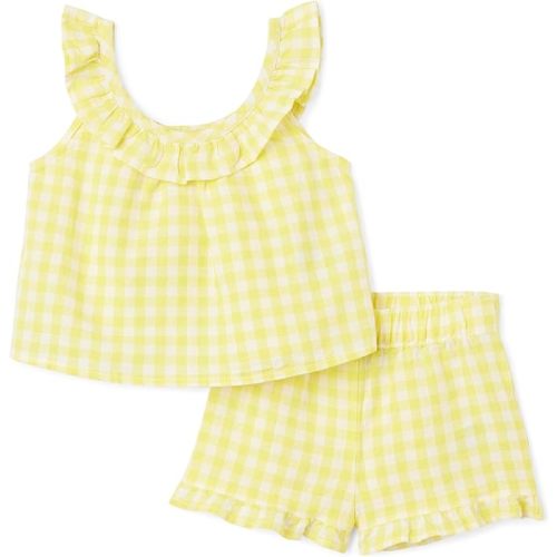 Amazon Essentials x Sofia Grainge Toddlers and Baby Girls' Cotton Linen Sleeveless Top & Shorts Set with Ruffles
