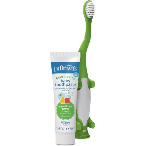 Dr. Brown's Baby and Toddler Toothbrush Set, Green Dinosaur with Apple Pear Flavor Toothpaste
