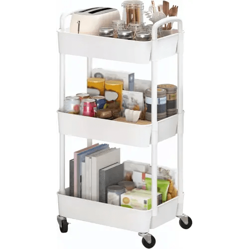 Sywhitta 3-Tier Plastic Rolling Utility Cart with Handle, Multi-Functional Storage Trolley for Office, Living Room, Kitchen, Movable Storage Organizer with Wheels, White