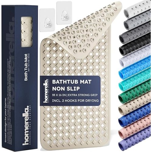Bathtub Mat Non Slip 35x16 - homerella® Bath Mat Incl. Hooks for Drying, Extra Long, 100% BPA Free, Shower Mat Non Slip Anti Mold, Machine Washable, Shower Mats for Inside Shower Mildew Resistant