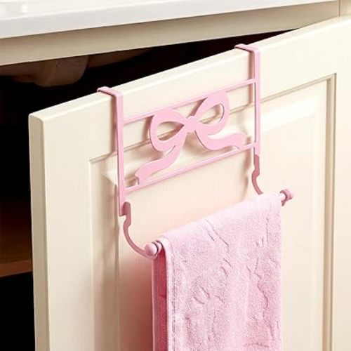 Cabinet Door Towel Holder Pink Bow Over The Cabinet Cupboard Door Towel Rack Metal Decorative Kitchen Dish and Hand Towels Bar Holder Coquettish Preppy Decor for Bathroom Kitchen