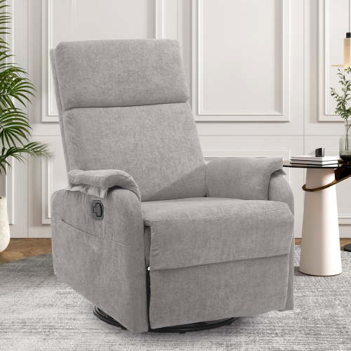 "KORSER Swivel Rocker Recliner Chair, Chenille Fabric, Compact Design, Grey, 39""D x 39""H x 25.5""W"