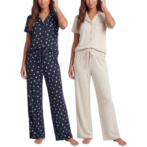 Real Essentials 2 Pack: Women's Button Up Pajama Sets Short Sleeve Notch Collar Lounge Sleep PJ Open Bottom Pants Button Down