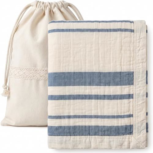 Muslin Baby Blanket, Organic Cotton Blend Dune Blue Stripe 43 x 43