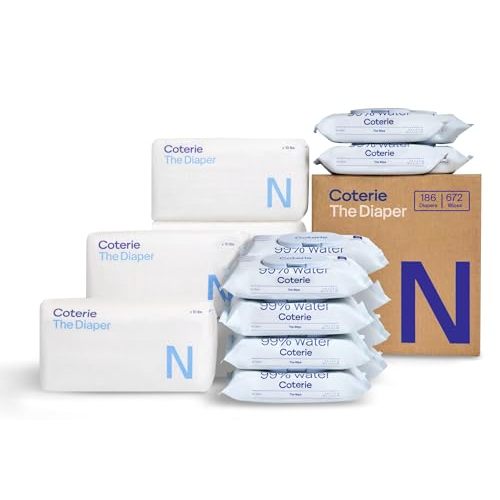 Coterie Baby Wipes + Diapers Kit, Size Newborn Diapers (186 Count) & 12 Pack (672 Count) Baby Wipes with 99% Water, Plant Based Materials, Hypoallergenic for Sensitive Skin