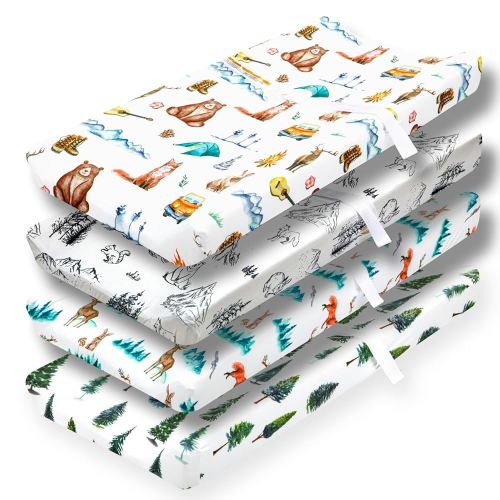 4 Pack Changing Pad Covers Woodland Forest Animals Wood Neutral Unisex Fitted Baby Changing Pad Cover Set for Baby Boys or Girls
