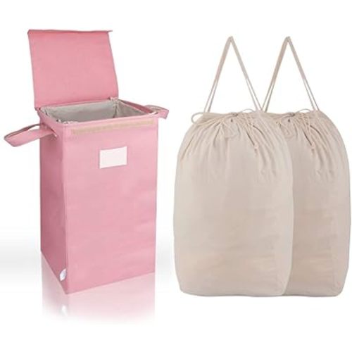 MCleanPin 210L Pink Laundry Hamper with Lid and 2 Removable Bags, Collapsible Dirty Clothes Hamper with Handles, Foldable Baby Nursery Hamper Dorm Room Storage Girls College Hamper(Rose Pink)