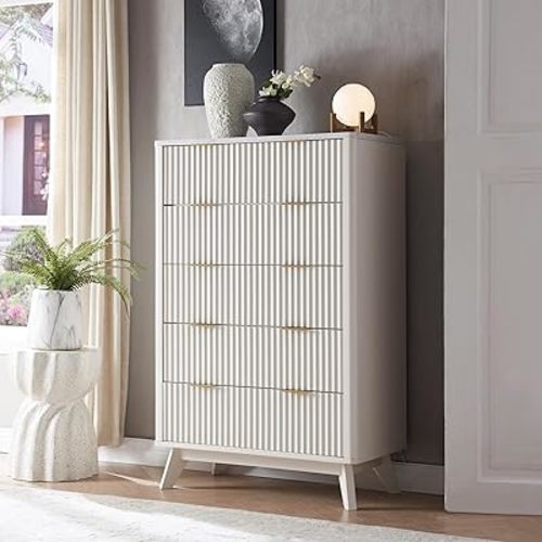 T4TREAM Fluted 5 Drawers Dresser, 48" Tall Modern Chest of Drawers with Faux Marble Top, Curved Profile Design, Wood Drawer Organizer for Bedroom, Living Room, Hallway, Entryway, Solid White