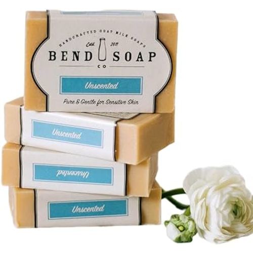 Bend Soap Company All Natural Goat Milk Soap - Paraben and GMO Free - Handmade in USA - Soothe Cracked Skin, Relax and Exfoliate - Overall Dry Skin Relief (Unscented, 4 Pack of 4.5oz)…