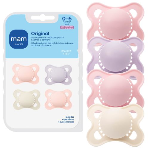 MAM Original Baby Pacifier 0-6 Mths, Skin Soft Silicone Nipple, 4 Pack | For Newborn Babies, BPA-Free Skin Soft Silicone Nipple, Developed With Medical
