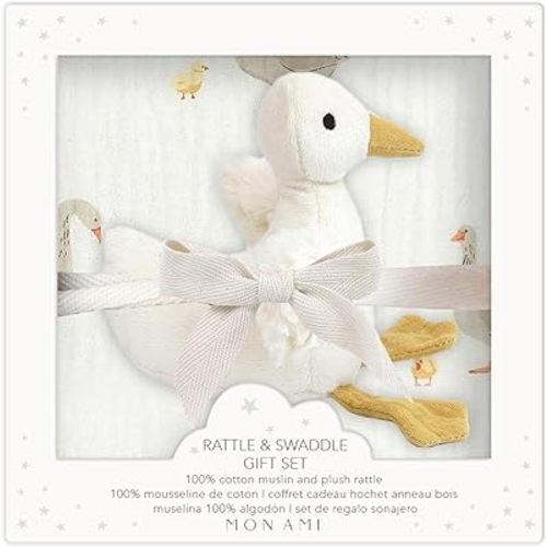 MON AMI Mother Goose Swaddle & Rattle Gift Set – Soft 47" Cotton Muslin Blanket for Newborns, Tummy Time, Sunshield, Nursing Cover & Privacy Throw with 6" Plush Rattle
