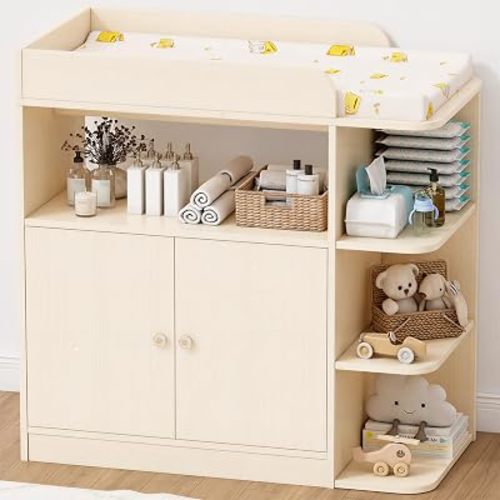 Wanan Changing Table Dresser with Large Cabinet for Nursery, Wood, Oak