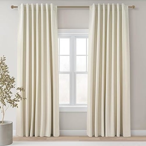 Topfinel Cream Ivory Blackout Curtains & Drapes 84 Inch Length, Beige Pinch Pleat Full Blackout Flax Linen Tab Top Soundproof Curtains with Hooks Rings for Bedroom Living Room Track 2 Panels Set