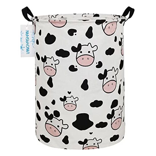 Round Laundry Basket Collapsible Storage Hamper Organizer Spotted Cow | Waterproof Canvas Foldable Baskets with sturdy Handles Multi-scene Organizer for Home Play Bedroom Gift Bin