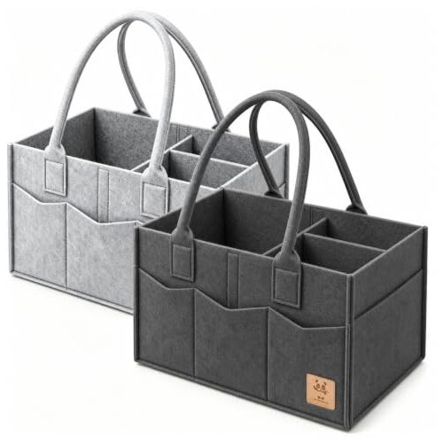 HIPHOP PANDA 2-Pack Diaper Caddy Organizer - Nursery Storage Bin & Car Organizer for Diapers, Wipes, and Baby Essentials - Dual-Color Solid Set (Dark Grey/Grey), Regular Size