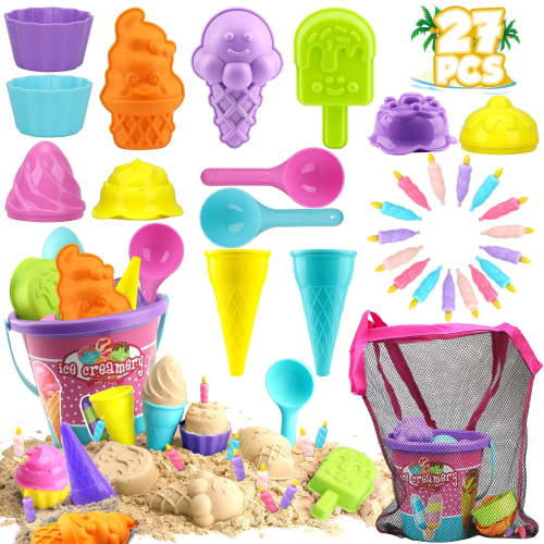Beach Toys for Kids 3-10, Ice Cream Sand Toddlers Sandbox with Bucket 27 Pcs, Shovels, Cupcake Dessert Molds, Mesh Bag, Travel Girls
