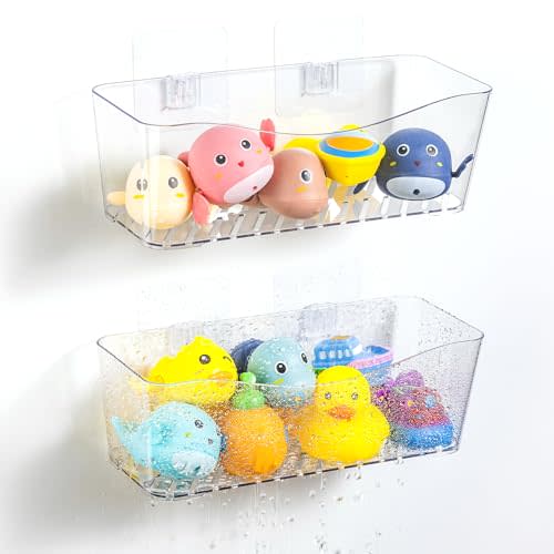 MIUKAA 2 Pack Large Bath Toy Storage Organizer, Clear Bath Toy Holder for Bathtub, Plastic Shower Toy Holder, Fast Drainage, No Drilling Required, Easy to Install