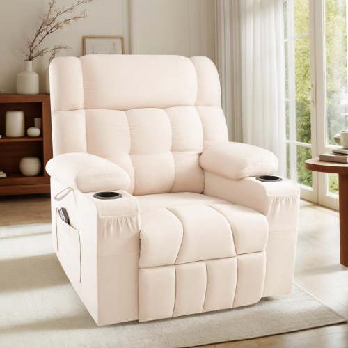 VANACC Manual Recliner Chair for Adults, Lazy boy Single Sofa with Comfortable Arms and Backrest, Classic Overstuffed Reclining Chair for Living Room with Cup Holders, Side Pockets (Beige)