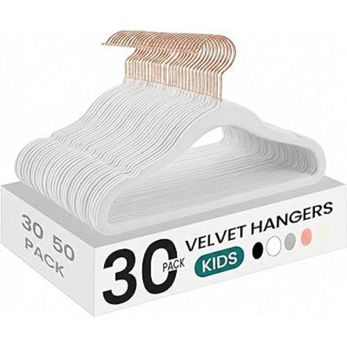 SONGMICS Baby Hangers 30 Pack, Kids Hangers for Closet, Rose Gold 360° Swivel Hooks, Space-Saving Clothes Hangers, Velvet Hangers for Nursery, Non-Slip, Cloud White UCRF027W30