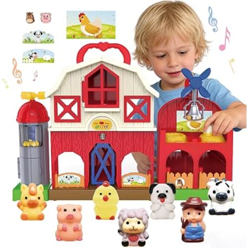 Farm Animal Barn Toys for Toddlers 1-3, Red Barn Play Farm Set with Animals Sounds Toy, Musical Interactive Preschool Montessori Learning Farm Toys for Kids, Christmas Birthday Gift for Boy Girl