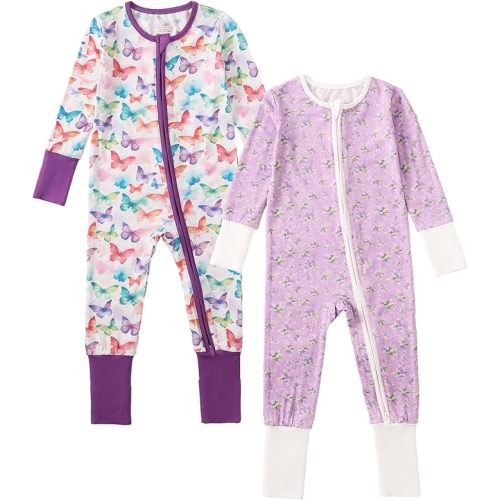 OPAWO Viscose from Bamboo Baby Pajamas Girl 2pack Mittens Cuff 2 Way Zipper Soft Footless Sleeper Baby Boy One-Piece Romper