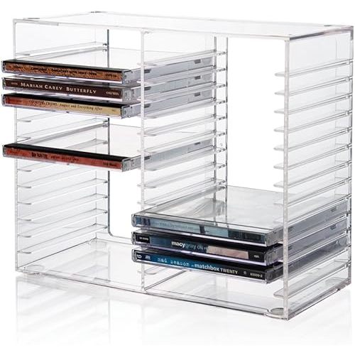 STORi Stackable Clear Plastic CD Organizer with Rubber Feet | Rectangular Jewel Cases Holder Perfect for Theatre Room | Holds up to 30 CD Cases | Made in USA