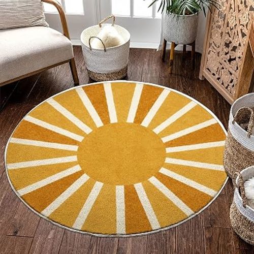 Round Area Rug Vintage Circle Rug Washable Non Slip Low Pile Indoor Carpet, Soft Flannel Round Rugs for Living Room Bedroom Dining Room Kitchen Nursery (Mustard Sun Ray, 47" Round)