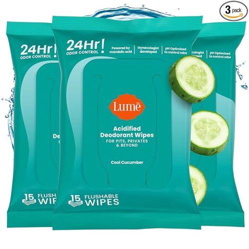 Lume Acidified Deodorant Wipes - 24 Hour Odor Control - Aluminum Free, Baking Soda Free, Skin Loving - Flushable - 15 Count (Pack of 3) (Cool Cucumber)