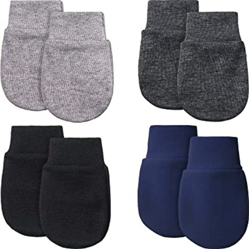 4 Pairs Newborn Baby Mittens Infant No Scratch Mittens Gloves 0-6 Months (Gray, Navy Blue, Black, Dark Gray)