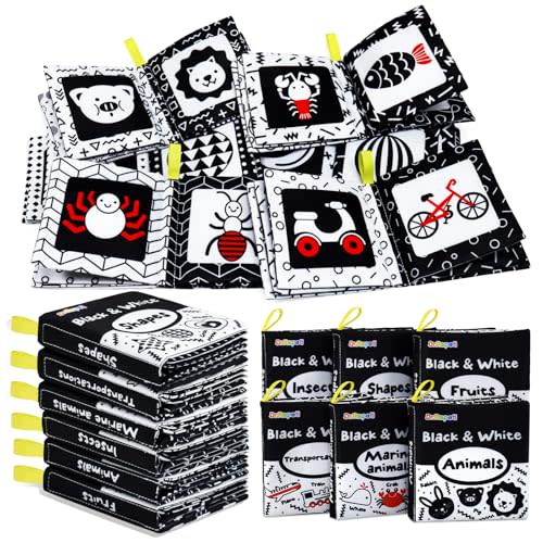 Dr.Rapeti Soft Cloth Books Baby Books Bath Books 6-Pack for Baby Infant Toddler Kids High Contrast Black and White Crinkle Washable Chewable Non-Toxic Early Educational Giftable